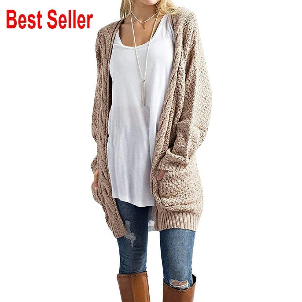 Oversized Cable Knit Cardigan Chunky Sweater Open Front Pockets Long Sleeve